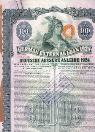 German External Loan 1924 (dawes - Loan),  Gold Bond,  Rare $100,  Coupons,