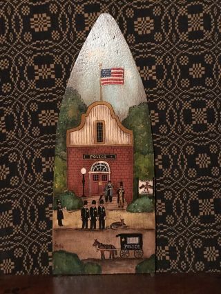 Antique Primitive Folk Art Painting American Small Town Police Horse Wagon Aafa3