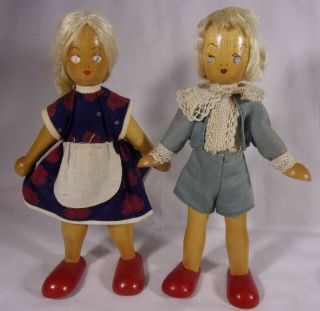 Vintage Set 2 Hand Made Wooden Dutch Boy - Girl Dolls Hand Sewn Clothes Adorable