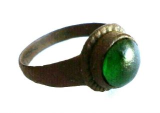 Medieval Ancient Bronze Ring With Green Stone Roman