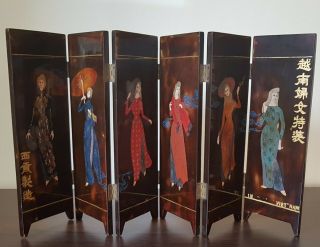 Stunning Antique Oriental Hand Painted Lacquered 6 Panel Mini Divider Screen