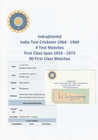 Indrajitsinhji India Test Cricketer 1964 - 1969 Rare Autograph Cutting