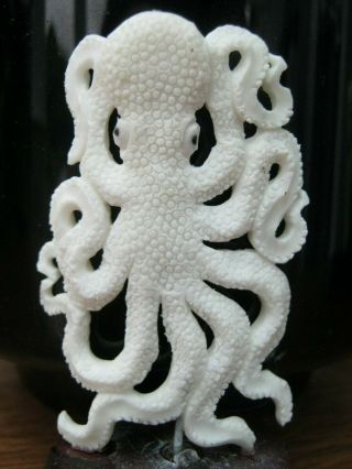 Unusual Hand Carved Buffalo Bone Scrimshaw Statue Of Octopus On Wood Base