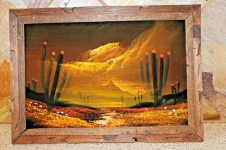 Desert Sunset Scene Vintage Velvet Painting Of Cactus And Mountains