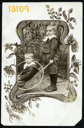 Twins In Sailor Costume,  Toy Wheelbarrow,  Ring,  Rare,  Vintage Photograph,  1920s