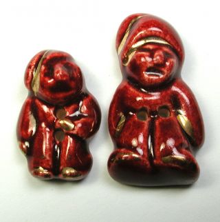 Vintage French Ceramic Button Pair Realistic Red Gnome Designs 3/4 " & 1 " 1920s