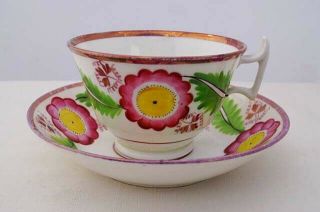 Antique Staffordshire Pink Luster Daisy Flower Fern Leaf Soft Paste Cup & Saucer