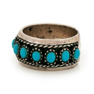 Antique Vintage Deco Retro Sterling Silver Mexican TAXCO Turquoise Ring Sz 6.  75 3