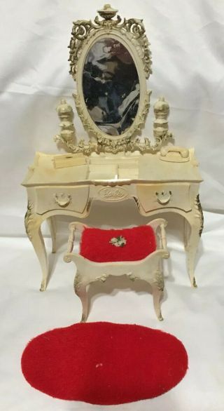 Vintage Barbie Susy Goose Furniture Vanity W Mirror,  Bench,  Rug Skipper French