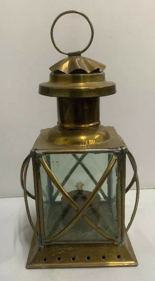 Vintage Square Brass & Glazed Ships Lamp Hanging Oil Storm Lantern