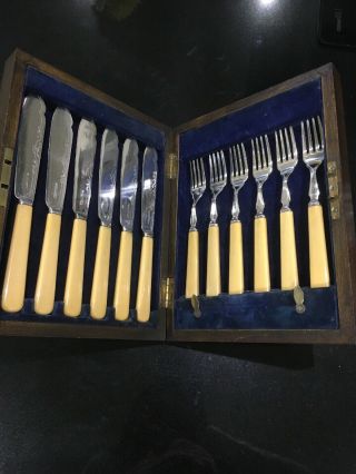 Vintage 1920’s Epns Set Of 6 Fish Knives & Forks In Wooden Lockable Box