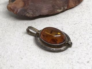 Vintage Sterling Silver Baltic Honey Amber Oval Cabochon Pendant