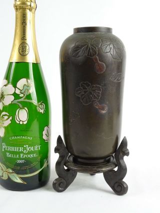 Antique Meiji Period Japanese Bronze Flower Vase On Wood Stand Japan C1890