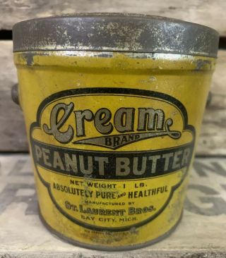 Antique Vtg 20s Cream Brand Peanut Butter Tin Pail Can Bay City Mi St Laurent Ex