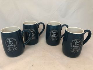 Rare,  Group Of 4 Vintage Pabst Blue Ribbon Blue/white Stoneware Drinking Mugs