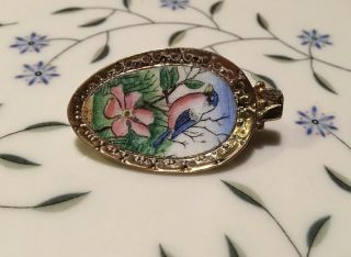 Gorgeous Rare Antique Sterling Silver Hand Painted Enamel Bird Brooch