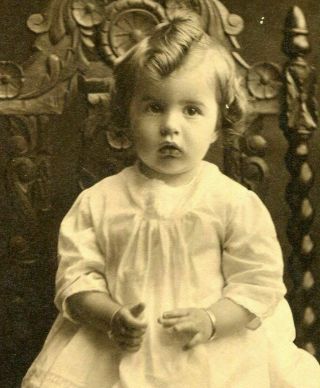Antique Photo Darling Little Girl W Ruffled Dress & Button Shoes On Wood Chair
