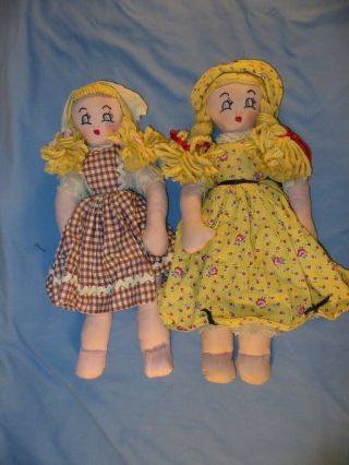 2 Vintage Handmade Cloth Rag Doll Embroidered Face Yarn Hair Clothes