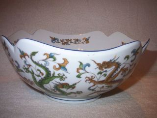Chinese White With Green & Gold Dragon Design Porcelain Bowl 9 1/2 " X 4 " Deep.