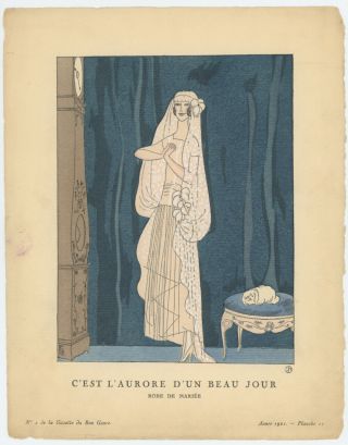 1921 Rare Fine Art Deco Pochoir Flapper Bride Eduardo Benito Gazette Du Bon Ton 2