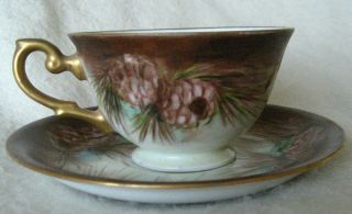 E.  Aigner Gold Trimmed Porcelain Tea Cup & Saucer Hand - Painted Pine Cone Design