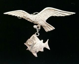 Early Antique Art Deco 900 Sterling Silver Eagle With Fish Brooch Pin
