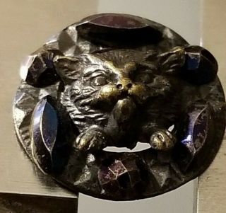 Antique Button,  1800s Cat Head Blue Black Stones? Marcasite,  Rare 19th Century