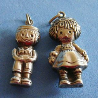 Vintage Sterling Silver Figural Raggedy Ann & Andy Little Tree Ornament Pendants