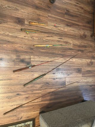 6 Antique / Vintage 1 Piece Wooden Ice Fishing Poles Rod Rods