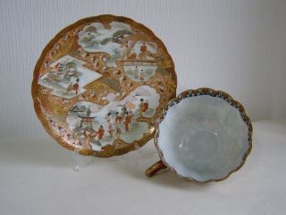 Antique Japanese Kutani eggshell porcelain scalloped handpainted cup & saucer 2 2