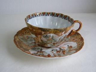 Antique Japanese Kutani eggshell porcelain scalloped handpainted cup & saucer 2 3