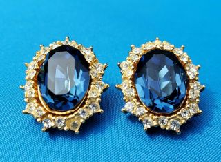 Vintage Christian Dior 1968 Sapphire Blue Rhinestone Earrings Rare Haute Couture