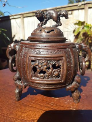 Vintage Chinese Bronze? Incense Burner Foo Dog Lid.