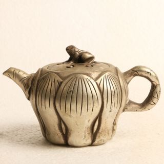Chinese Silver Copper Teapot Hand Carved Lotus Teapot & Frog Lid Kt0085