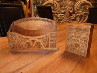 Vintage English Treen,  Card Box & Letter Stand,  Hand Carved Wood.  Arts And Crafts