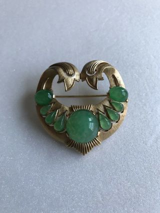 Vintage Rare Art Deco Crown Trifari Faux Jade Glass Gold Tone Pin Brooch Signed