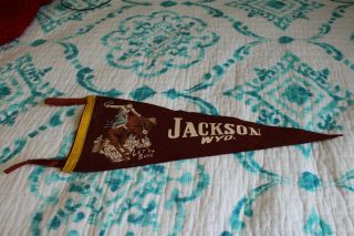 Rare Vintage Felt Banner Pennant: Jackson,  Wyoming.  Let Er Buck Cowboy 1960s