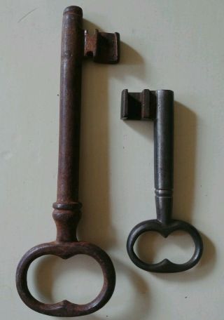 2 Antique Large Skeleton Keys 5 " & 3 " Long Jail Gate Castle Steel Iron Rare Old