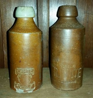 2 Old Vintage Antique R.  White Stoneware Ginger Beer Bottles London