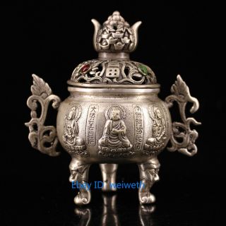 Chinesetibet Silver Hand Carved Lucky And Wealthy Buddha Incense Burner