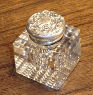 Antique Vintage Cut - Glass Inkwell With Ornate Sterling Silver Top