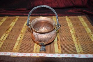 Antique Vintage Hammered Copper Bowl/pot Cast Iron Feet Twisted Handle Cauldron