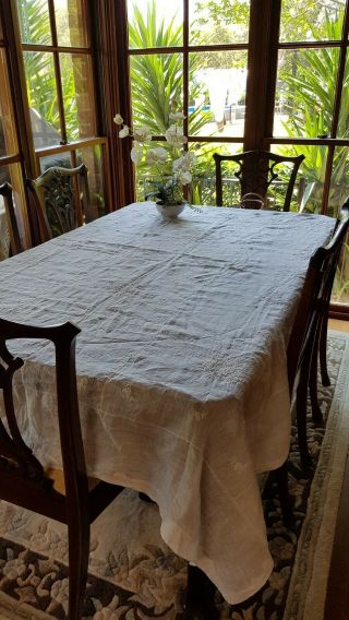 Antique Rare Fine Pure Linen Embroidered White Work Madeira Tablecloth 220cm