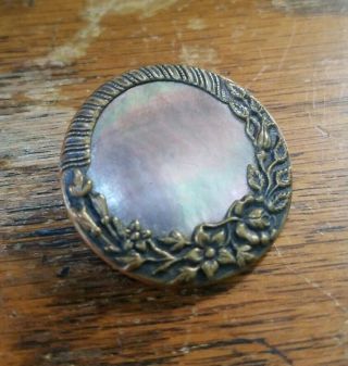 Antique Mother Of Pearl Button,  Ornate Brass Border,  1 1/4 ",  Victorian,  Lovely