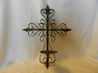 Brown Metal Cross Votive Candle Holder,  Wall Mount Antique Patina