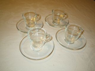 Vintage French Set Of 4 Duralex France Clear Glass Cups & Saucers Rare Expresso
