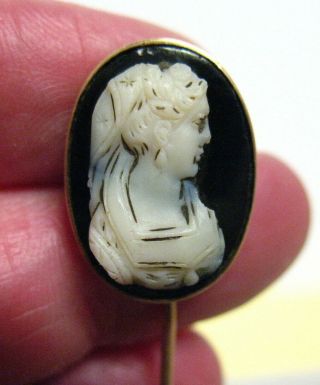 Antique 14k Gold Cameo Stick Pin Onyx Oval 2.  8 Grams