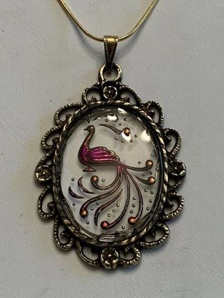 Rare Antique Austrian Crystal Iridescent Peacock Intaglio Necklace -.  Gold