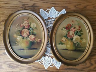 2 Vintage Shabby Cottage Rose Still Life Rose Oil Paintings Oval Frames 14 " ×17 "
