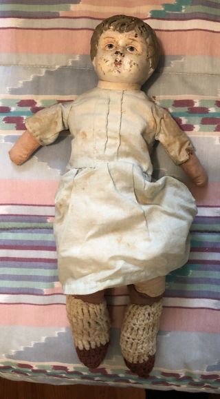 Vintage Antique Tin Head Doll Head With Cloth Body.  Very Old.  14.  5” Doll